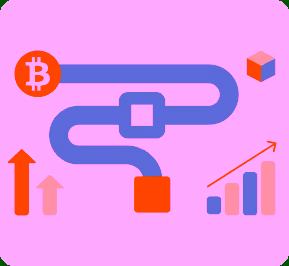 Bitcoin symbol connected by a winding path to a red square with upward arrows and a rising bar chart.
